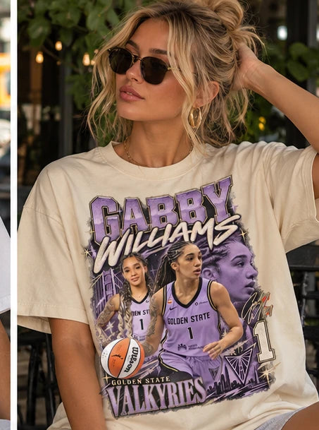 Gabby Williams tee in natural styled with sunglasses